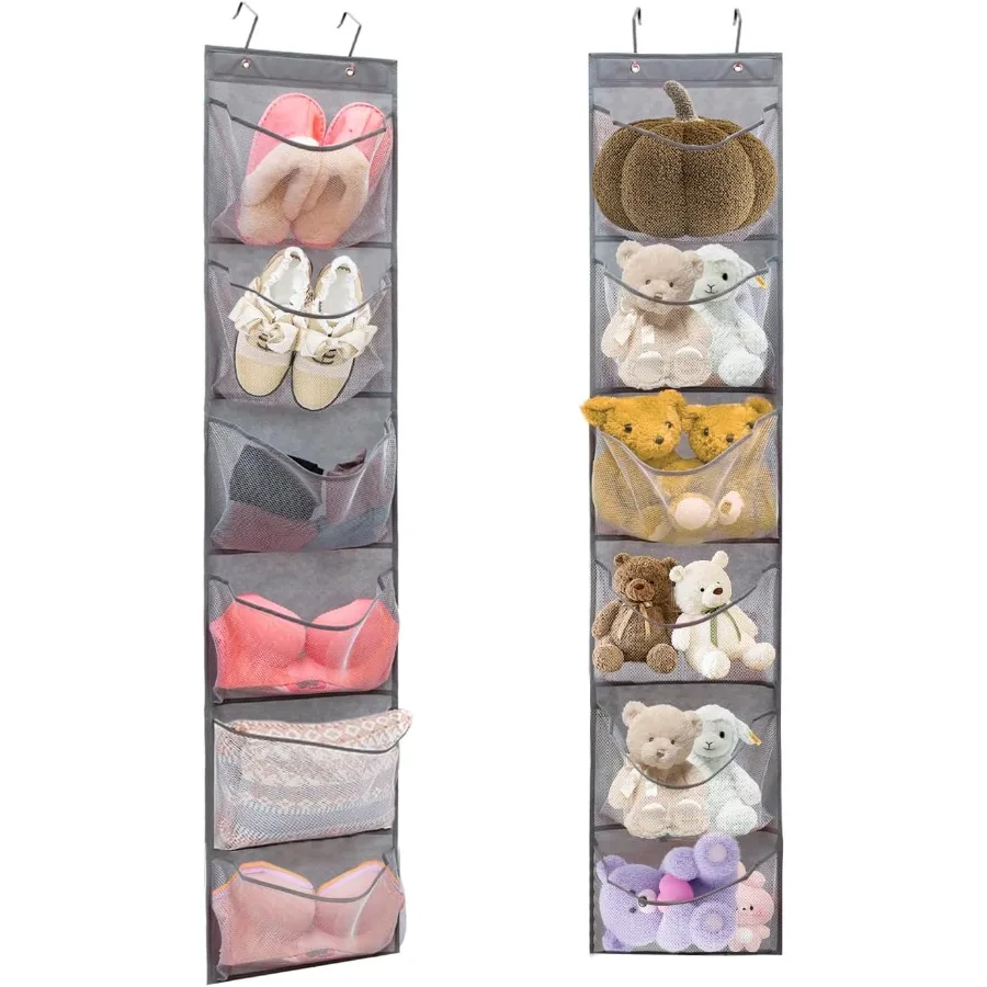 

2 Pack Over the Door Shoe Organizer Hanging Stuffed Animals Storage Diaper Holder Clothes Shelve for Closet with 6 Large Pocket