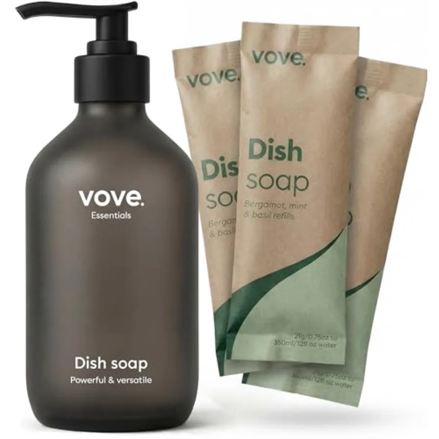 

Dish Soap Starter Set with Refillable Glass Pump Bottle 3 Refills, Bergamot Mint Basil, Powder-to-Gel Dishwashing Liquid, Plant