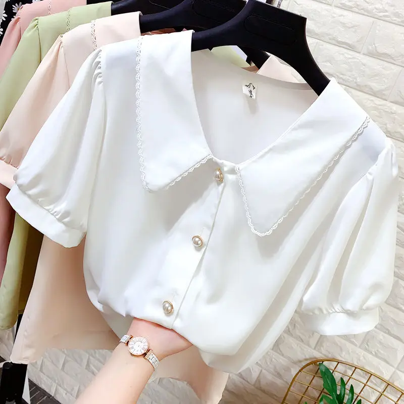 French Style Doll Neck Short Sleeved Chiffon Shirt for Women\'s Summer Loose Slimming Pearl Button Casual Commuting Trendy Top