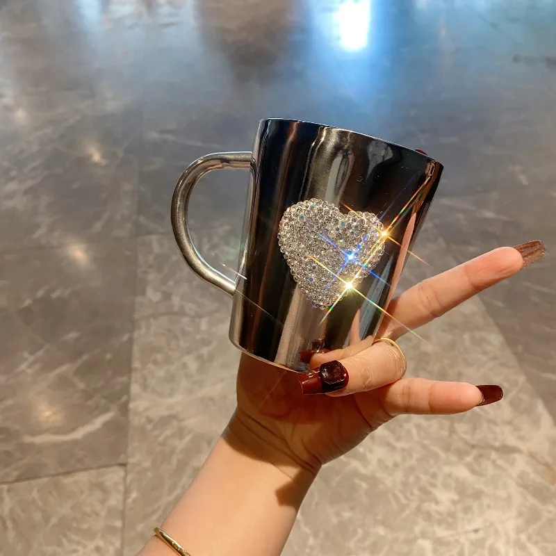 Creative Diamond Inlaid Love Water Cup with High Aesthetic Value, 304 Stainless Steel Coffee Cup, Portable Office and Home Mug