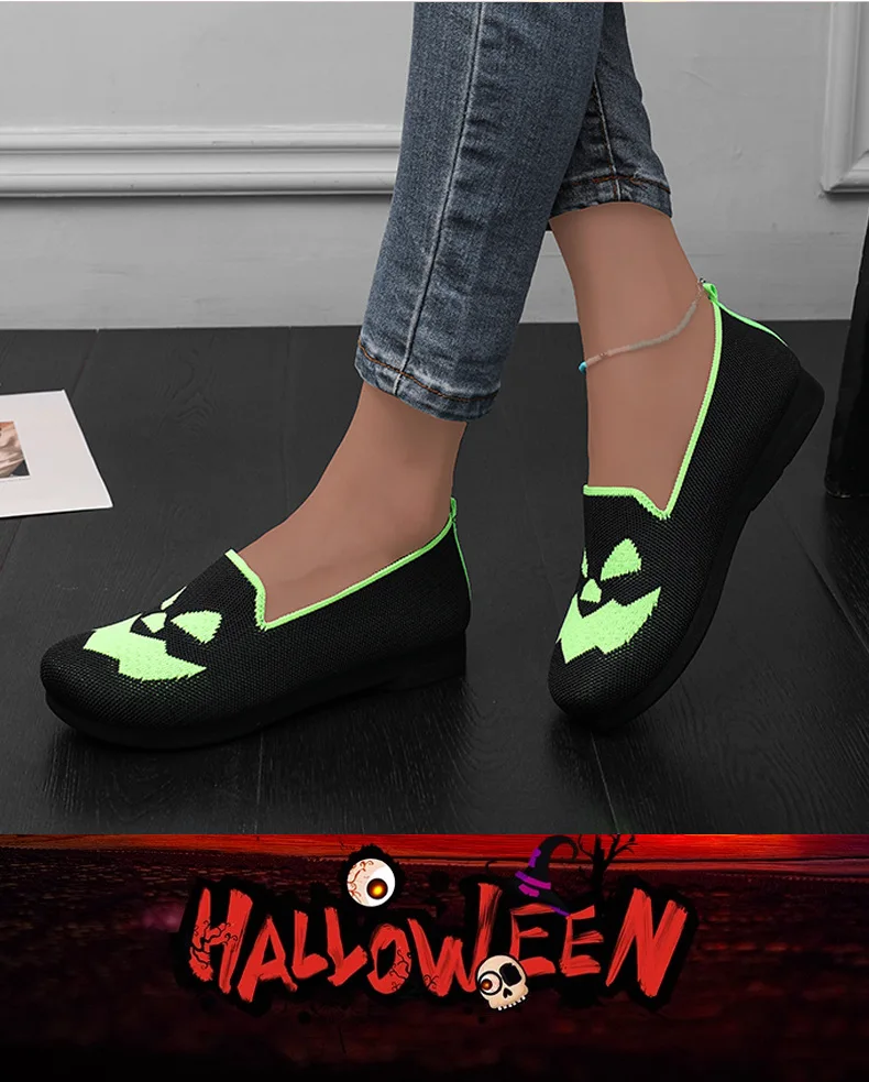 Damen-Halloween-Kürbisgesicht-Strickflachschuhe, atmungsaktive einteilige Slipper, leichte Freizeit-Party-Schuhe – Detail 7