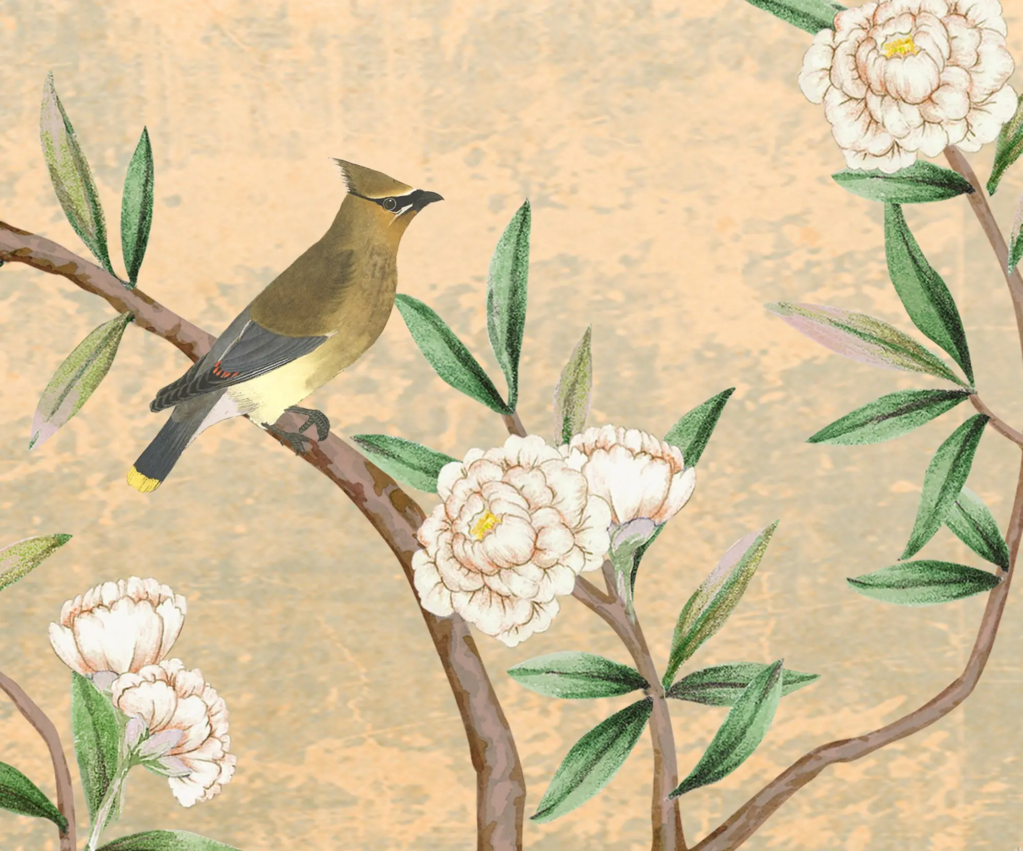 Vintage Chinoiserie Wallpaper with Watercolor handdrawn Birds and floral ancient Wallpaper, non-woven wallpaper