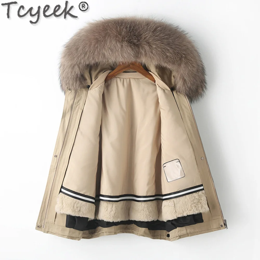 Winter Tcyeek Women Jacket Rex Rabbit Liner Parka Fashion Mid-long Jackets Woman Clothing Detachable Raccoon Dog Fur Collar