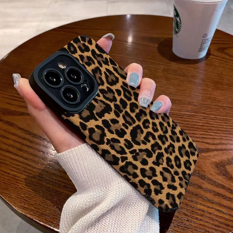 Luxury Brown Leopard Silicone Case For iPhone 15 14 Pro Max 11 12 13 Mini SE 7 8 Plus X XR XS MAX Leather Shockproof Full Cover