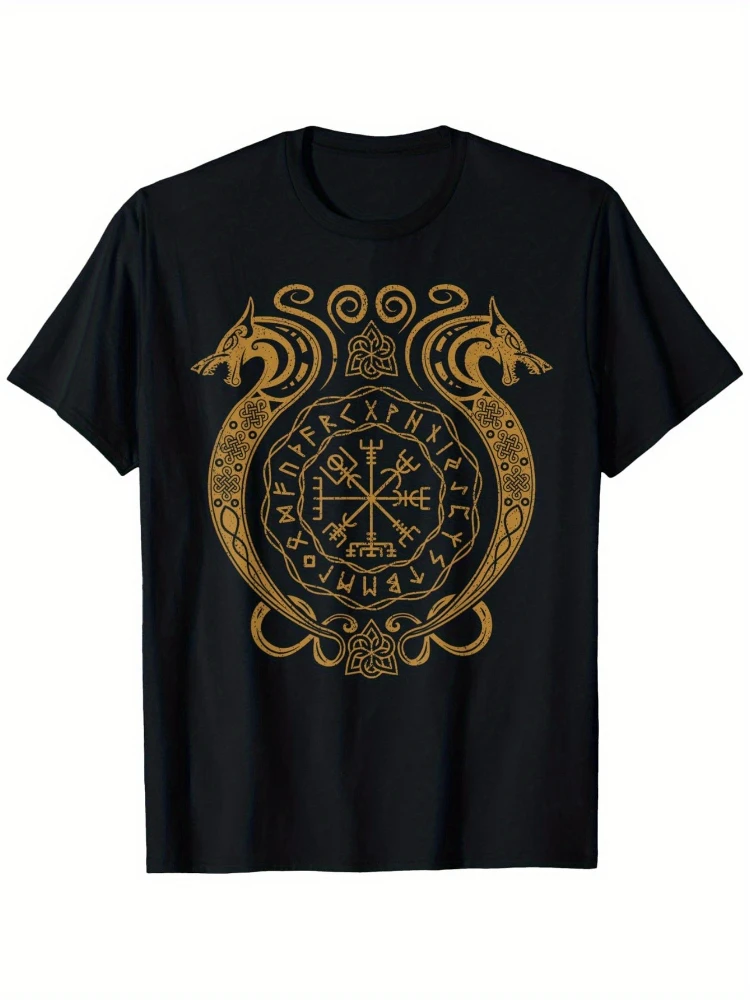 Norse Mythology-Retro Valhalla Compass Rune Symbols Golden  pattern-100% cotton short sleeve O-neck printed men's T-shirt.
