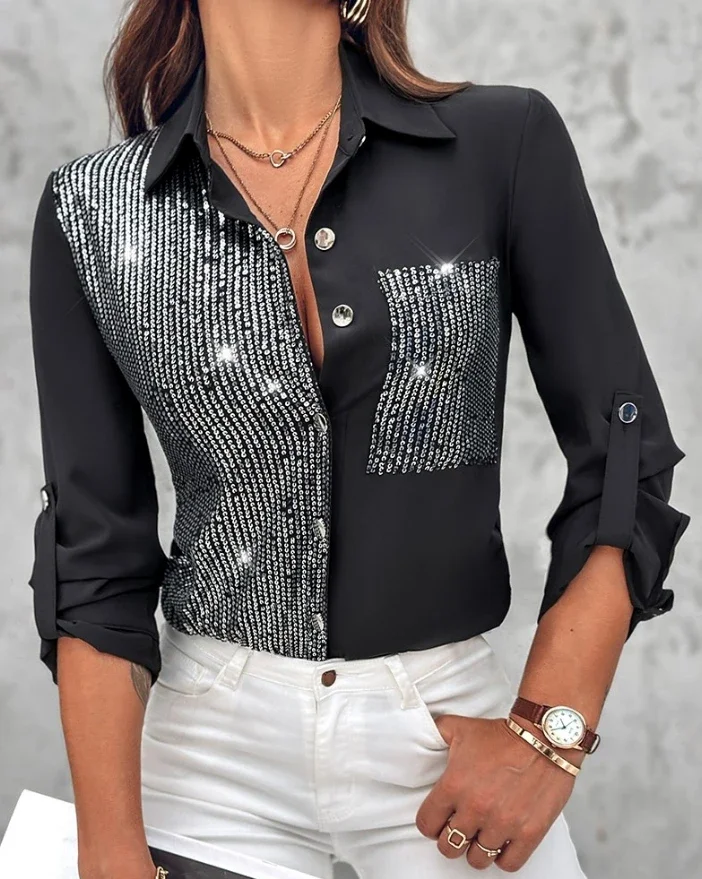 

Fashion Blouses Roll Tab Sexy ElegantSleeve Button Down Contrast Sequin Shirt Temperament Commuting 2024 Autumn Women's Top