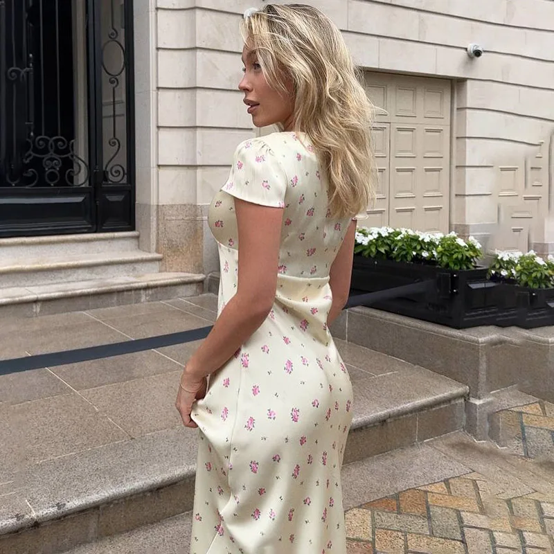 Tornova Satin Printed Long Dress Women's New Short Sleeve V neck Dress Casual Elegant Commuting Outfits High Waist Flower Dress