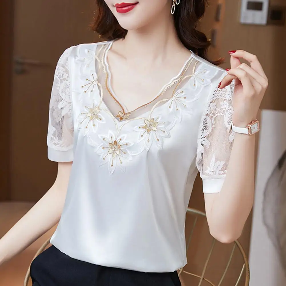 Embroidery Floral Short Sleeves Women Blouse Satin V Neck Chiffon Blouse Match Pants Women Spring Shirt Casual Blouse Garment