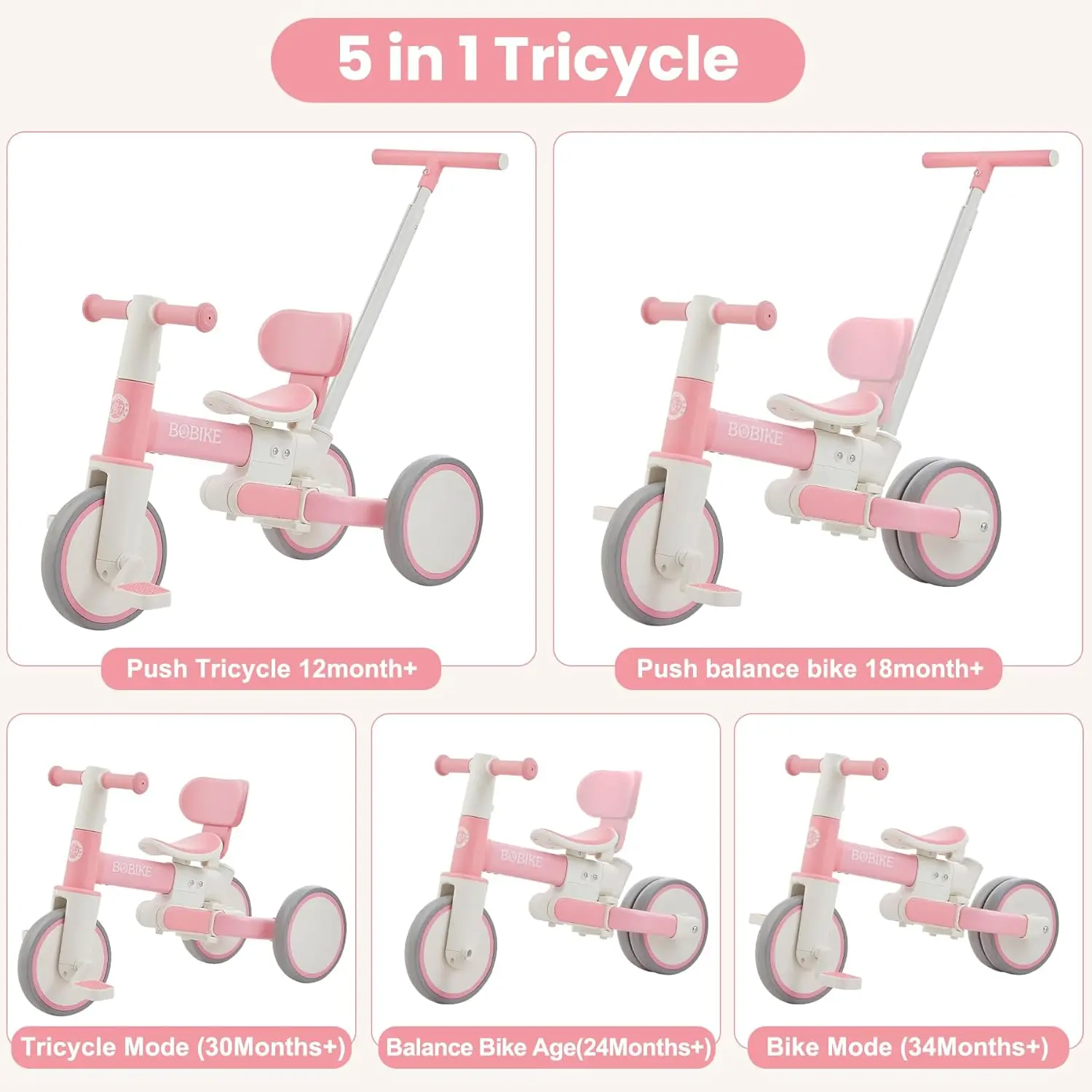 5-in-1 Tricycle for Toddlers 18 Months to 5 Years Old, Toddler Bike, Kids Tricycle with Push Handle and Backrest, Toddler Balanc