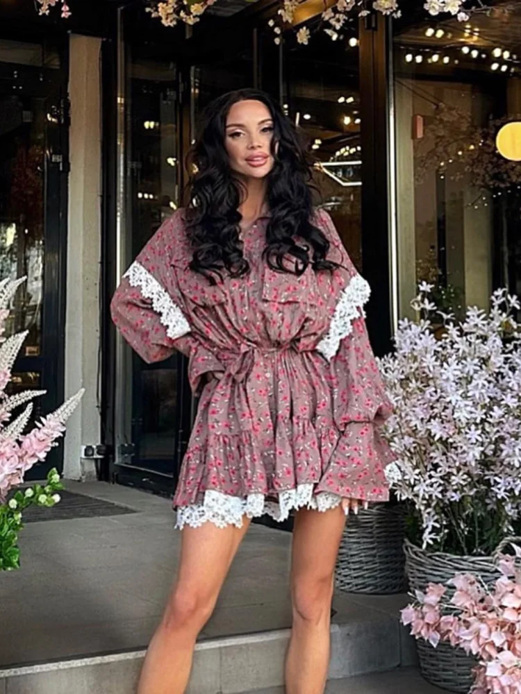 Spring New Floral Dress Women Fashion Lace Patchwork Long Sleeve Short Mini A-line Dresses With Belt Y2k Clothes Lady Dress