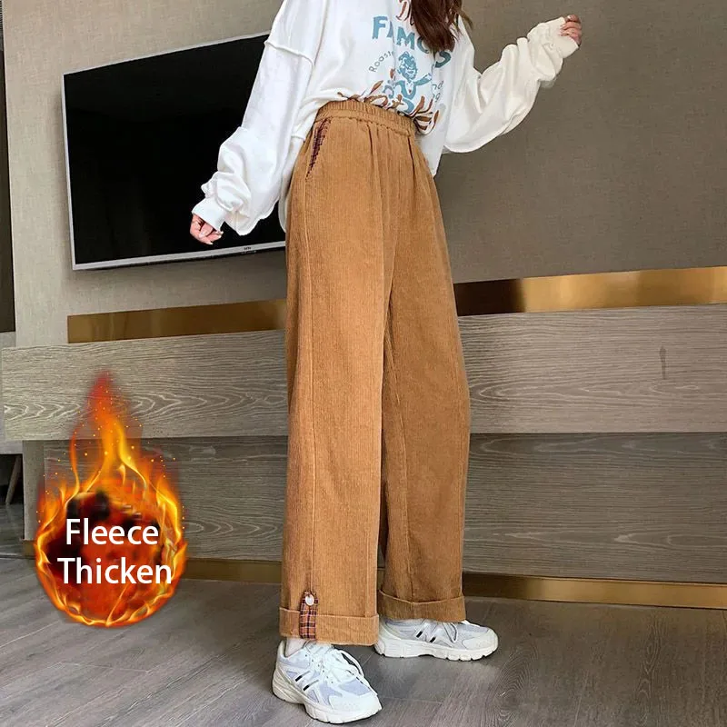 GIDYQ Corduroy Straight Trousers Women Streetwear High Waist Fleece Thicken Pants Rolled Hem Casual Preppy Style Wide Leg Pants