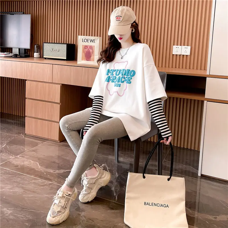 Fashion Striped Spliced Fake Two Pieces Letter T-Shirt Female Clothing 2023 Autumn New Korean Pullovers Loose Casual Tee Shirt