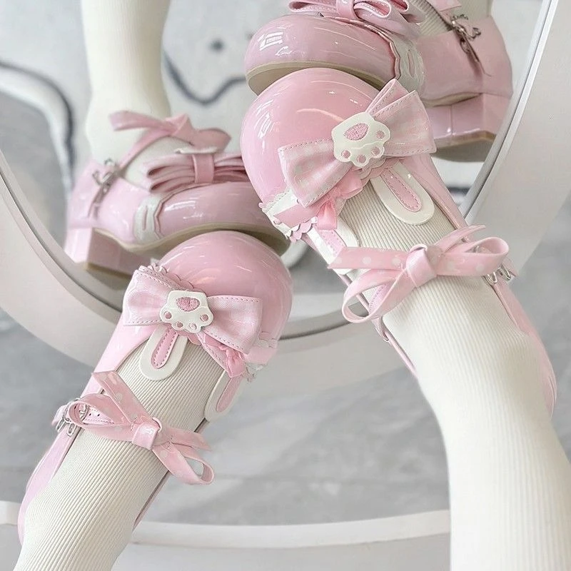 Japanese Cute Lolita Style Low Heel Women Sweet Bow Rabbit Ears Atent Leather Metal Button Mary Jane Shoes Harajuku Party Shoes