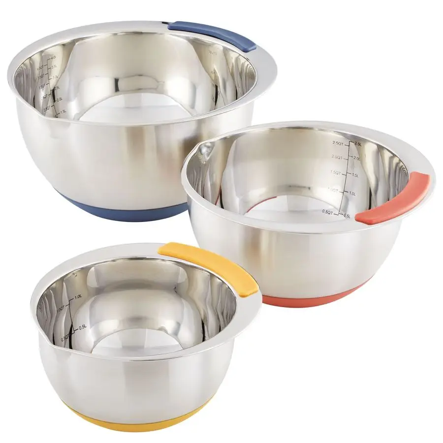 Juego de 3 tazones para mezclar de acero inoxidable Curry Kitchenware Pantryware, plateados con asas de color.