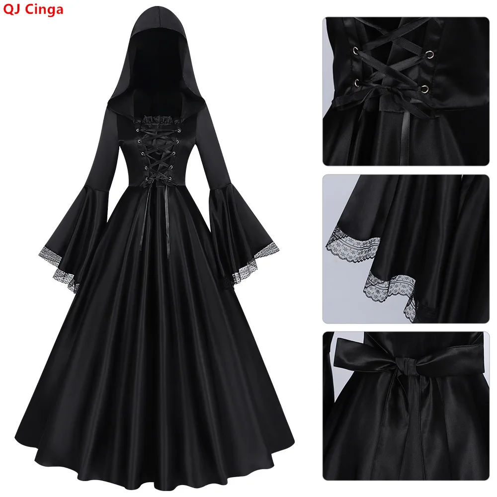 Mittelalterliches gotisches dunkles Hexenkostüm mit langem Kapuzenkleid, Renaissance-Ball-Cosplay-Outfit. 2026-2027