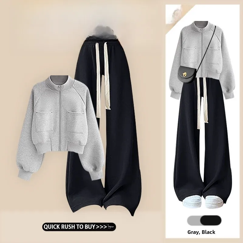 

Early Autumn Fashion Short Sweatshirt Top High Waist Wide Leg Pants Two Piece Set Korean Style Slimming Casual Outfit