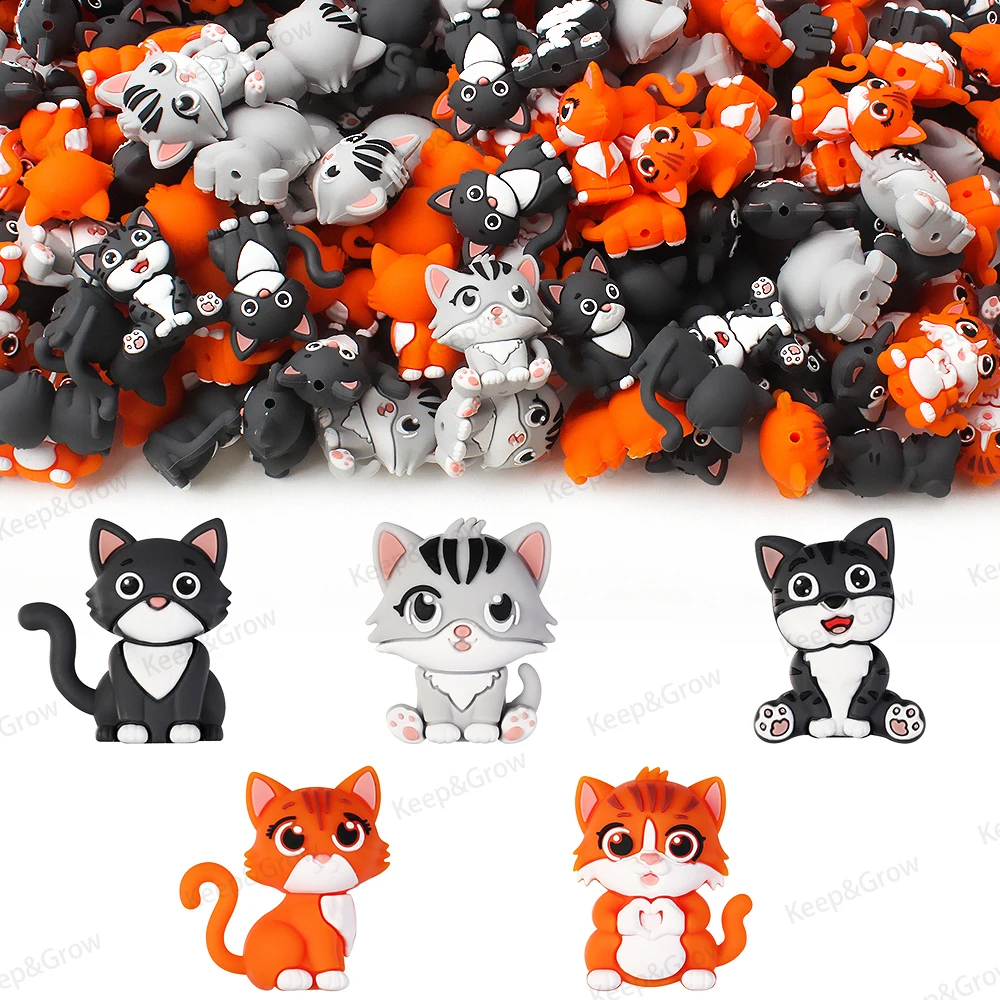 5/20/50Pcs Kitten theme 3D Silicone Beads Cute Orange Grey Cat Focal Beads for Jewelry Making Pen Beaded DIY keychain Accessorie