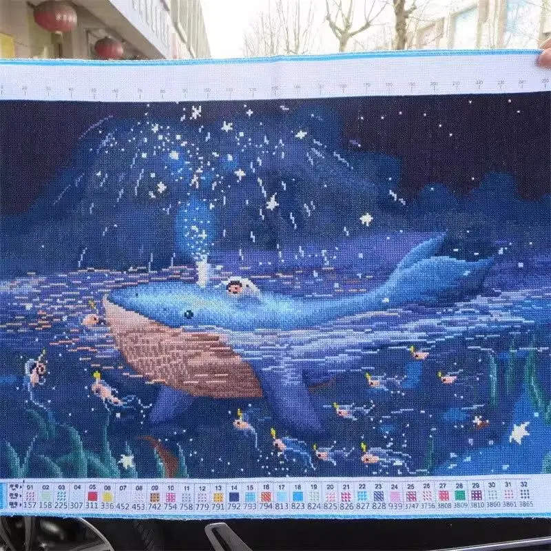 A handmade cross stitch product with unicorns, whales, stars, fantasy nights, beautiful anime, cartoon scenery, bedroom