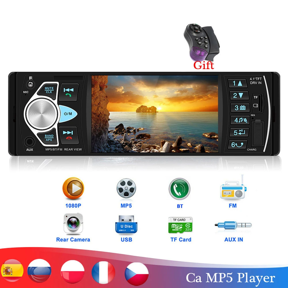 

Car Radio 1 Din Stereo MP5 Player Bluetooth FM USB Autoradio 4.1 Inch Support Rear View Mirrolink Steering Wheel Control