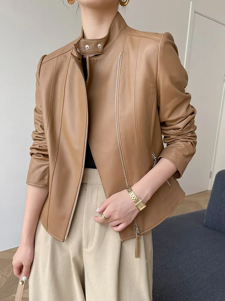 

Slim Short Genuine Leather Motorcycle Jackets for Women Spring Autumn 2026 New High-end Simple Solid Casual Real Sheepskin Coat