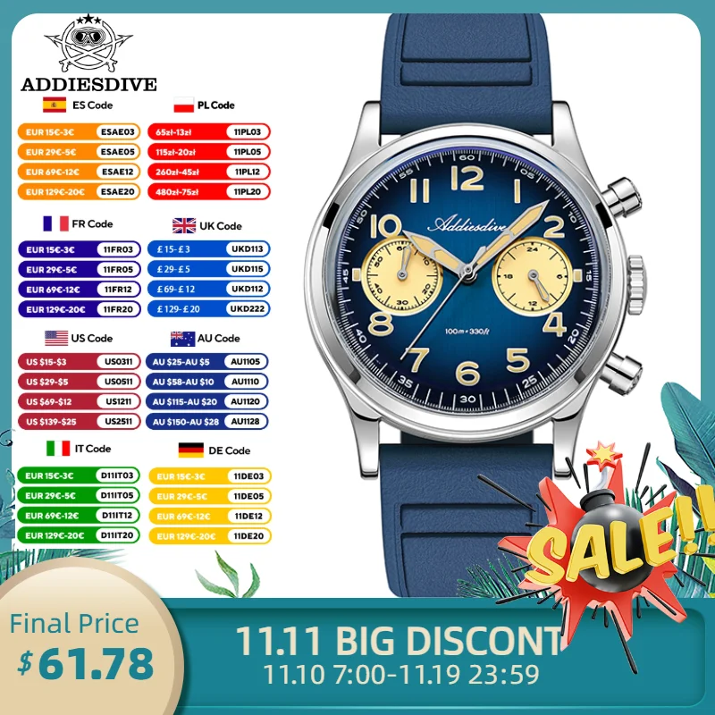 

ADDIESDIVE Chronography Quartz Watches VK64 Retro Luxury Bubble Glass 38mm Men's Watch Waterproof 10Bar Luminous Wristwatch Gift