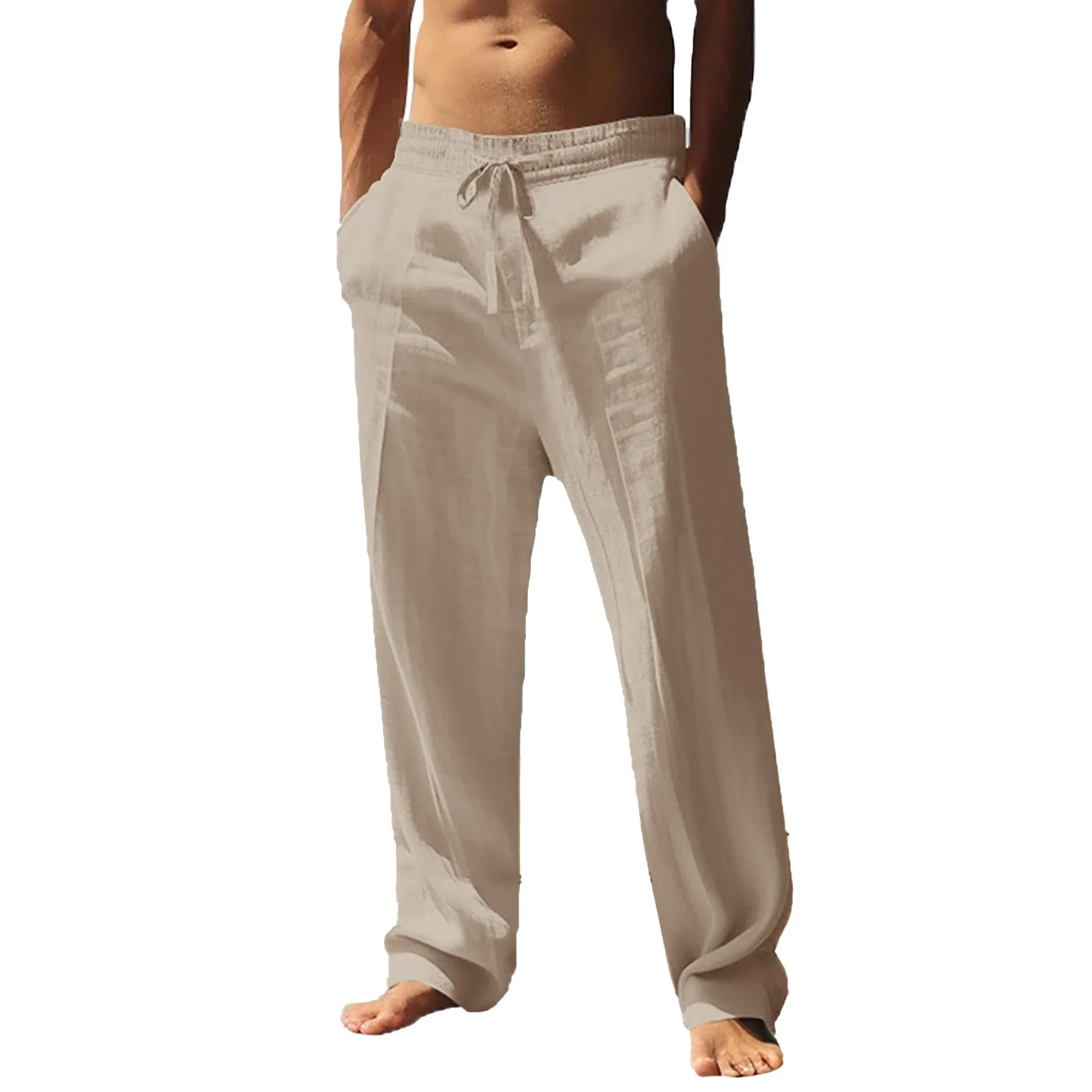 Men's Cotton Trousers Linen Fashion Solid Color Casual Pants Breathable Loose Shorts Straight Drawstring  Streetwear Men Pants