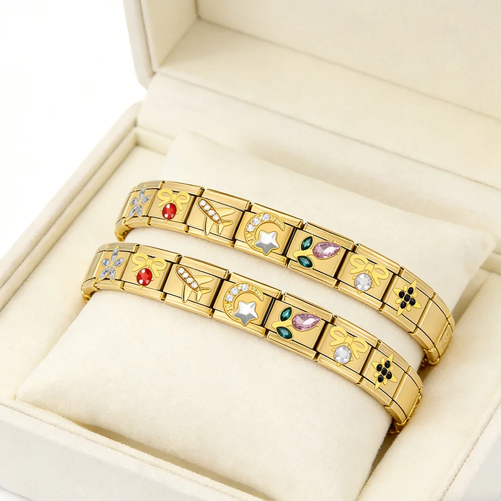 9mm Regenbogenfarbener Stern, Rose, Flugzeug, Mond, Fußabdruck, italienischer Edelstahl-Charm für Schmuckherstellung, DIY-Armband, Valentinstagsgeschenke – Detail 4