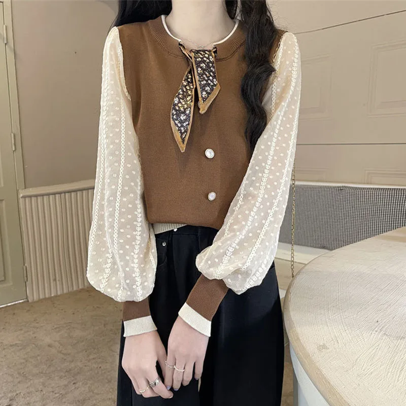 Female Casual Round Neck Lace Up Knitted Tops Autumn Winter Fashion Vintage Fake Two Pieces Spliced Sweaters Women's Clothing