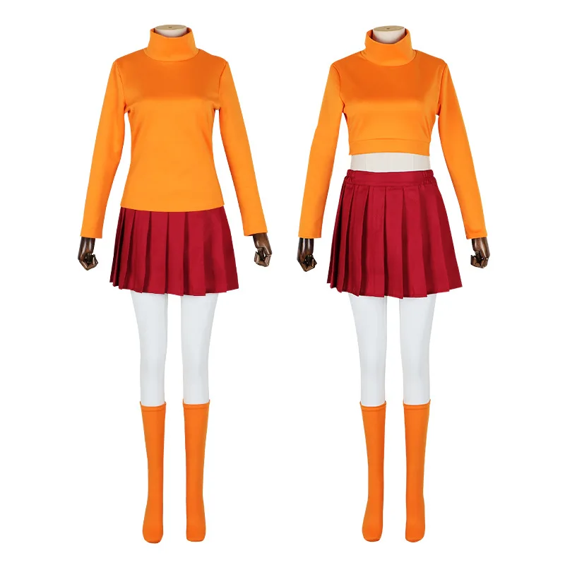 Anime Velma Seragam Cosplay Ensemble jupe courte orange Kostum, uniforme Wanita Oranye Kaus Kaki Rok Atas, fête d'Halloween, carnaval