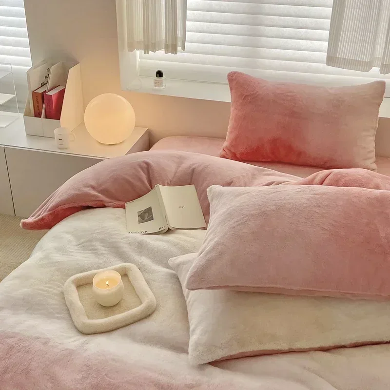 Gradient Pink Short Plush Soft Duvet Cover Set Queen King 4Pcs Bedding Set Velvet Fleece Comforter Cover Bed Sheet Pillowcases