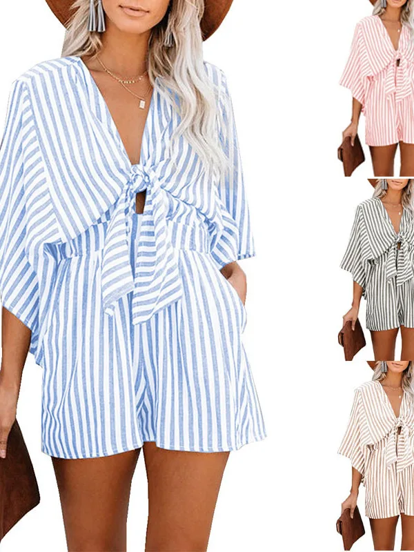 

Полосатый комбинезон с глубоким V-образным вырезом и расклешенным светом, уличные брюки с высокой талией, летняя коллекция из полиэстера, женский комбинезон