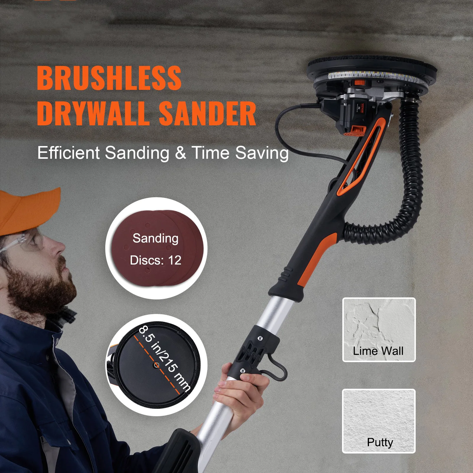 SucceBuy 800W Electric Drywall Sander Brushless Motor 1000-2300RPM Variable Speed Household Polishing Machine Wall Sand Grinder