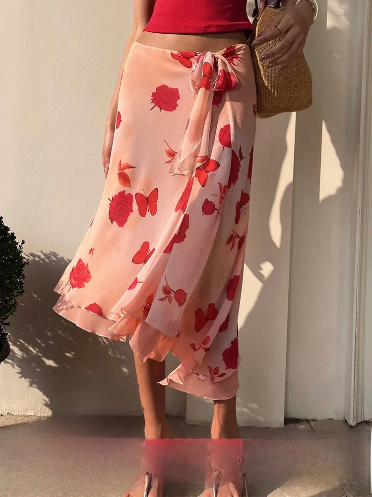 

Classic Floral Print Asymmetrical Skirt Women's Spring Polyester Fiber ort Wrap around Skirt Sli f-length Design
