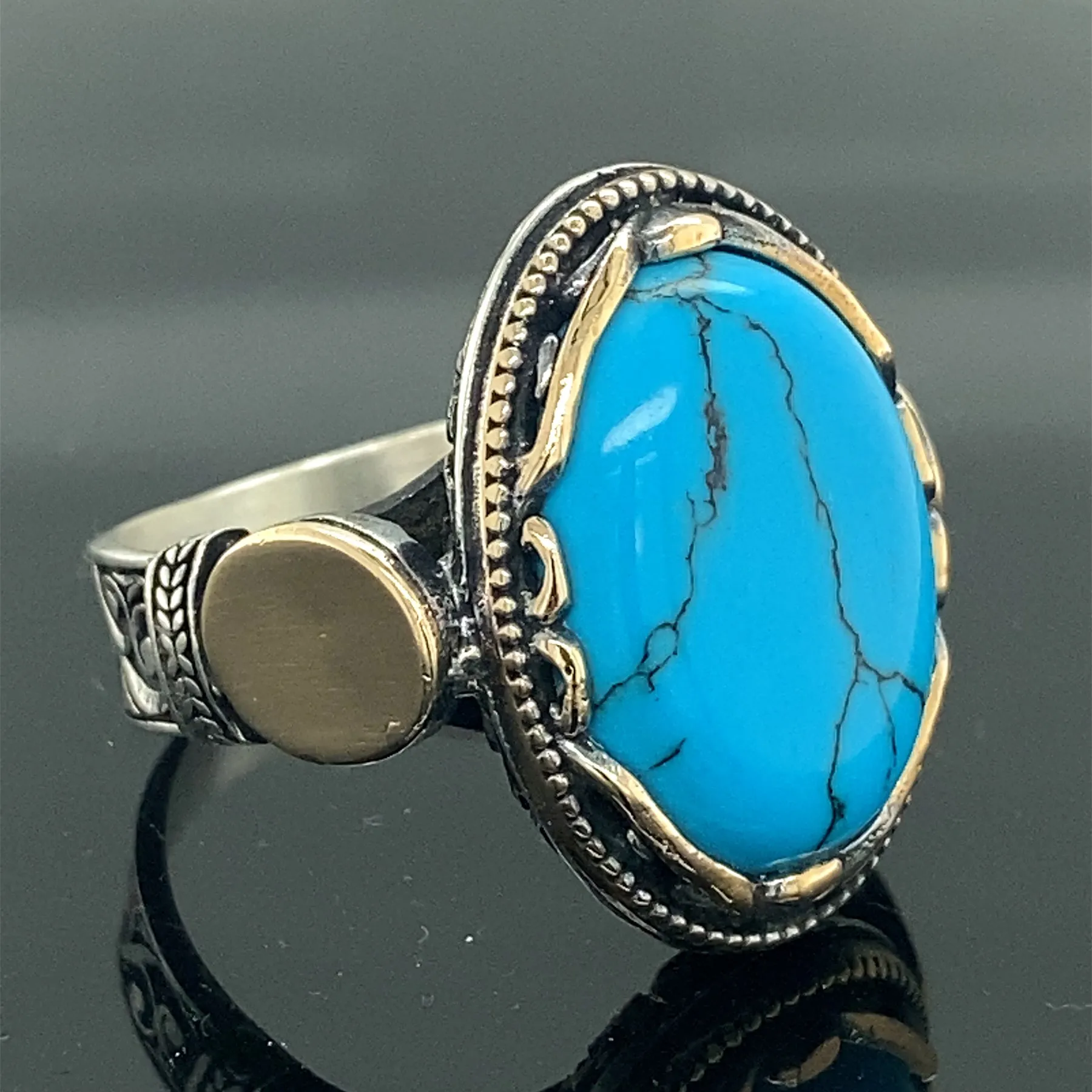 

Men Handmade Ring , Oval Turquoise Stone Ring , Silver Turquoise Handcrafted Ottoman Men Ring , Turkish handmade Ring