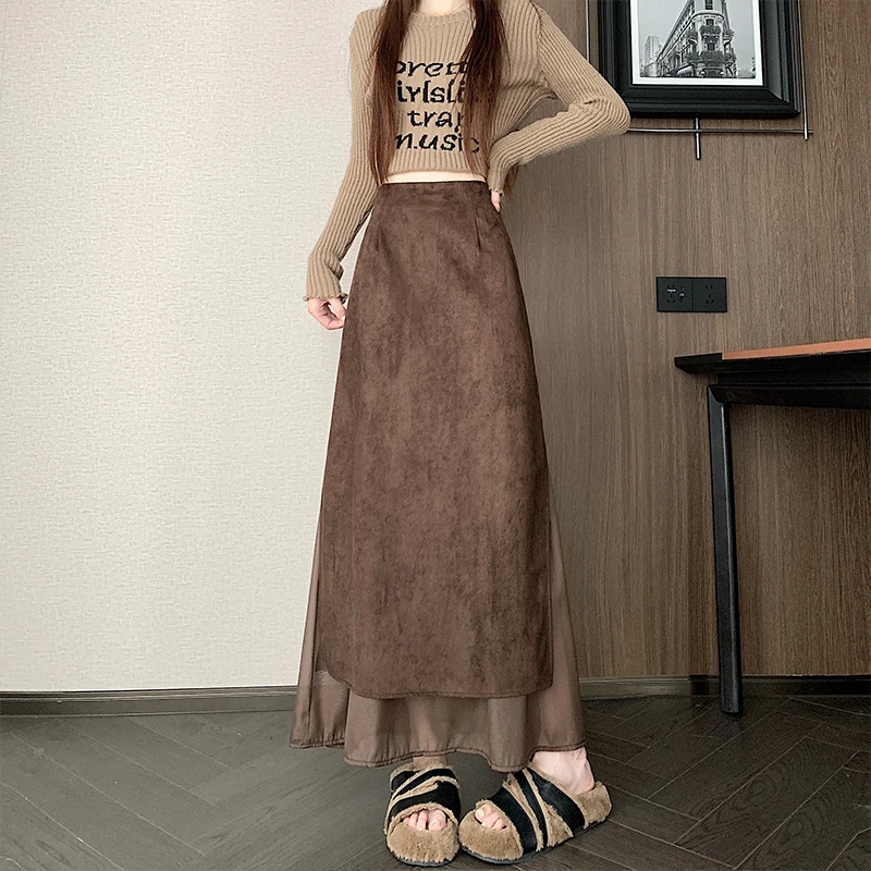 High Waist A-Line Skirt Leather Velvet Long Skirt Side Split Splicing Fish Tail Skirt Autumn Winter Casual High Waist Skirt