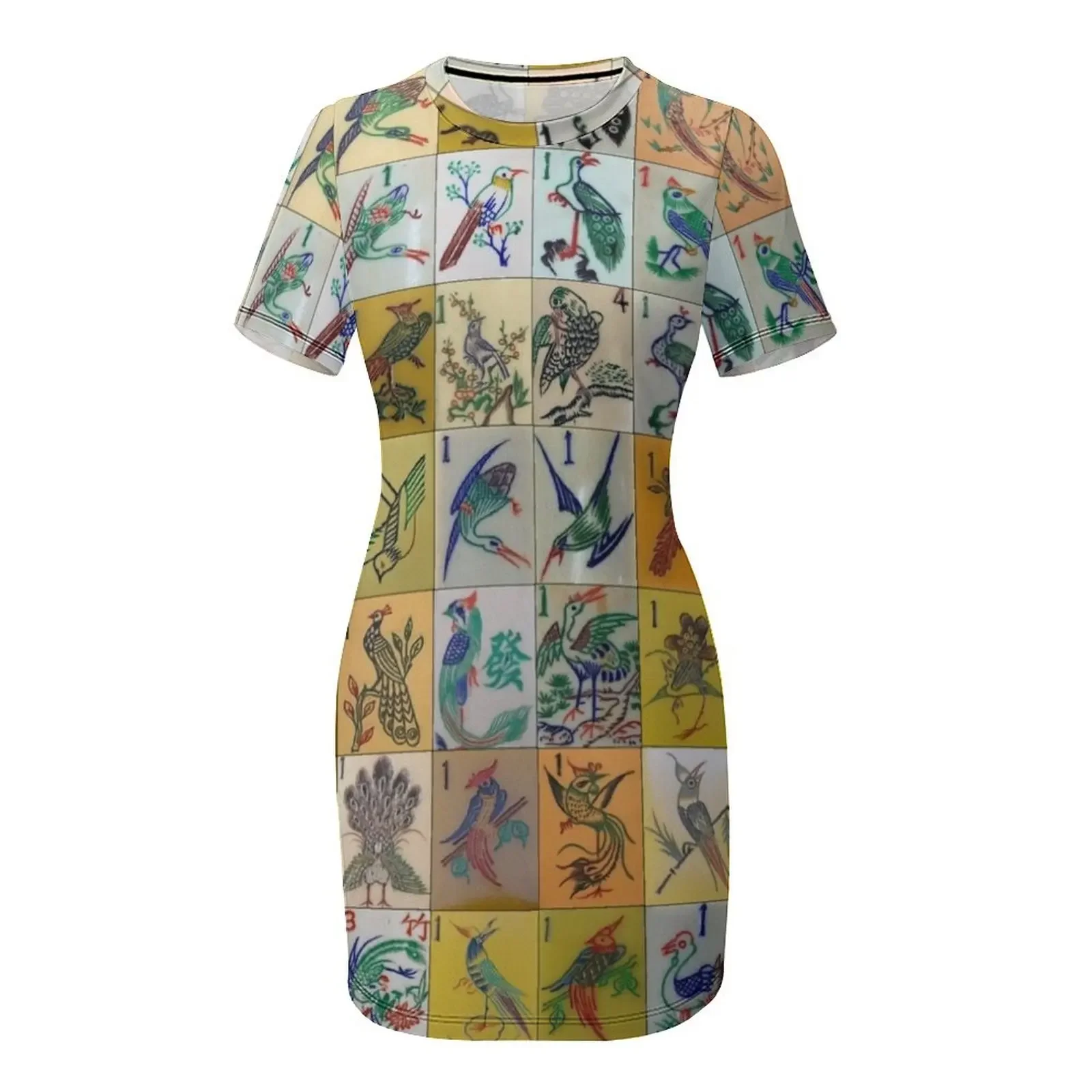 Abito a Maniche Corte Mah Jongg Birds, Vestito da Cerimonia, Abiti Vintage per Donna 2025, Vestiti per Donna 2025