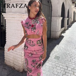 TRAFZA 2024 Spring Summer Sexy Women Print Flower Dresses Fashion Elegant O Neck Slim Hollow Out Pencil Dresses Chic Party Dress