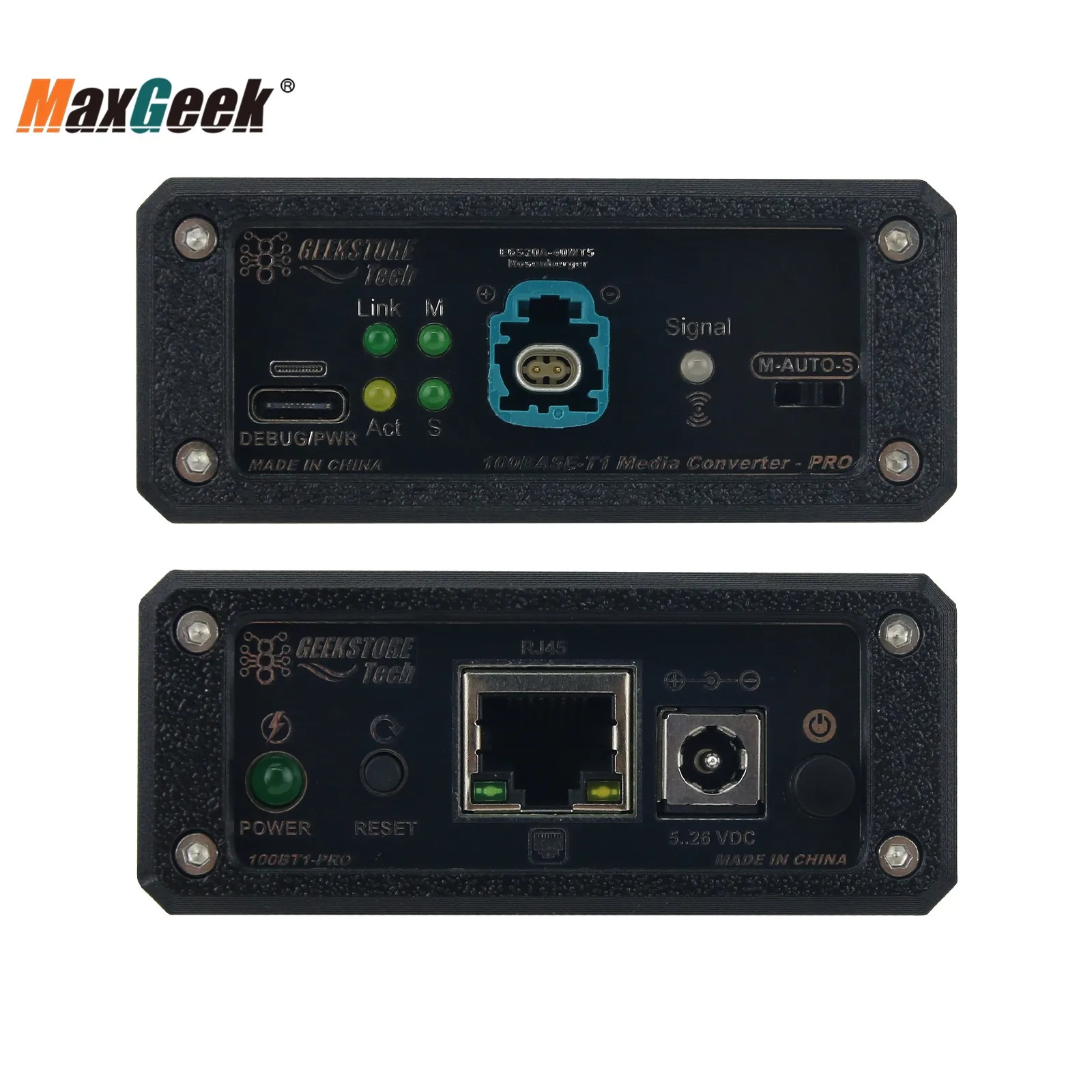 Maxgeek 100BT1-PRO2 Convertitore Ethernet per veicoli da 100 Mbps a convertitore multimediale Ethernet standard RJ45 con interfaccia HMTD (opzionale)