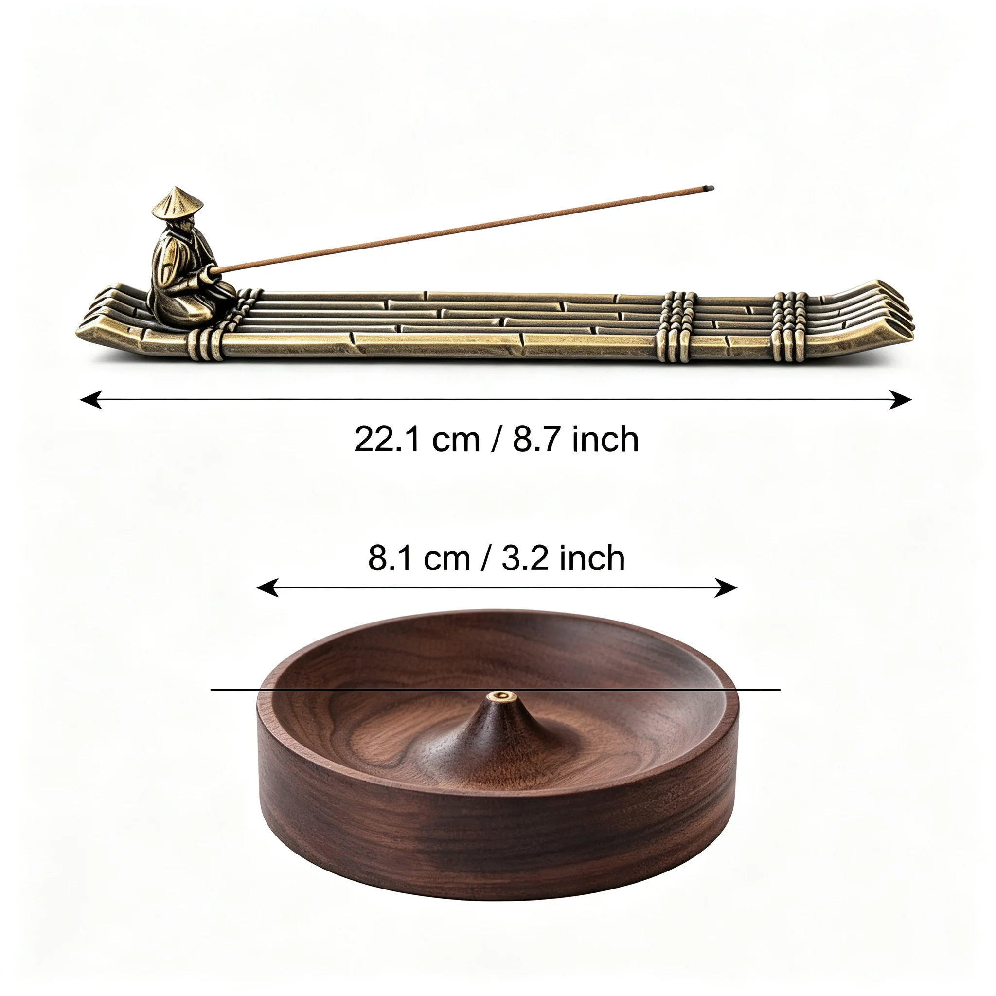 Fisherman bamboo raft alloy incense holder set with walnut base tray, perfect for tea table or desk decor, incense ash catcher