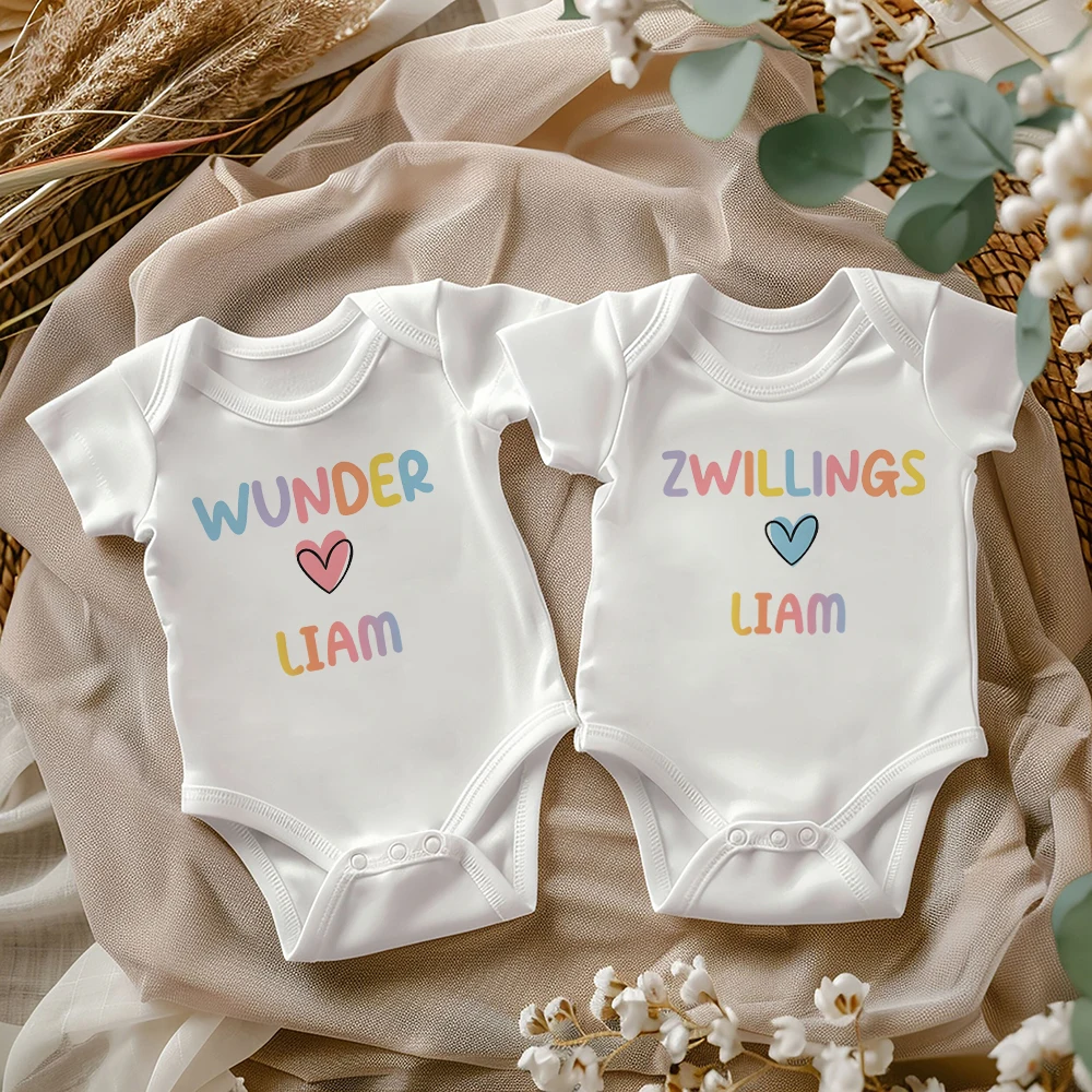 Wunder&zwillings Print Twin Infant Bodysuit German Twins Girl Boy Baby Romper Short Sleeve Round Neck Bewborn Jumpsuit Bodysuit