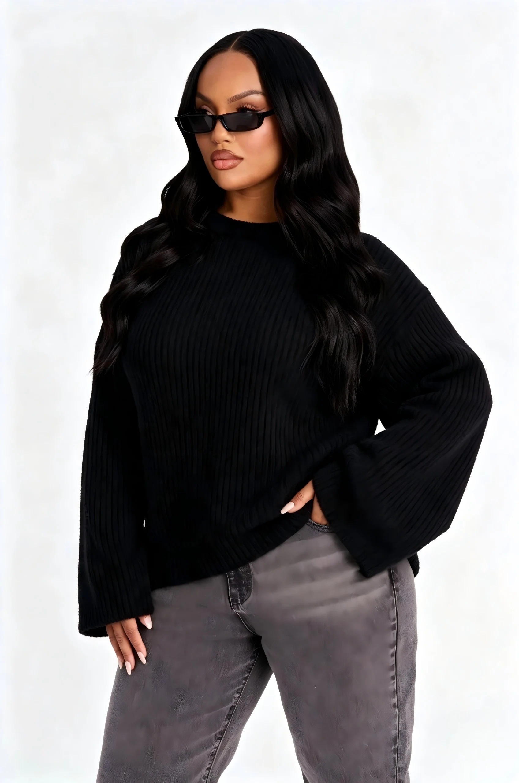 Women Ribbed Knit Crew Neck Pullover Top, European American Fashion, Loose Oversized, Drop Shoulder Long Sleeve, Back Zipper Des