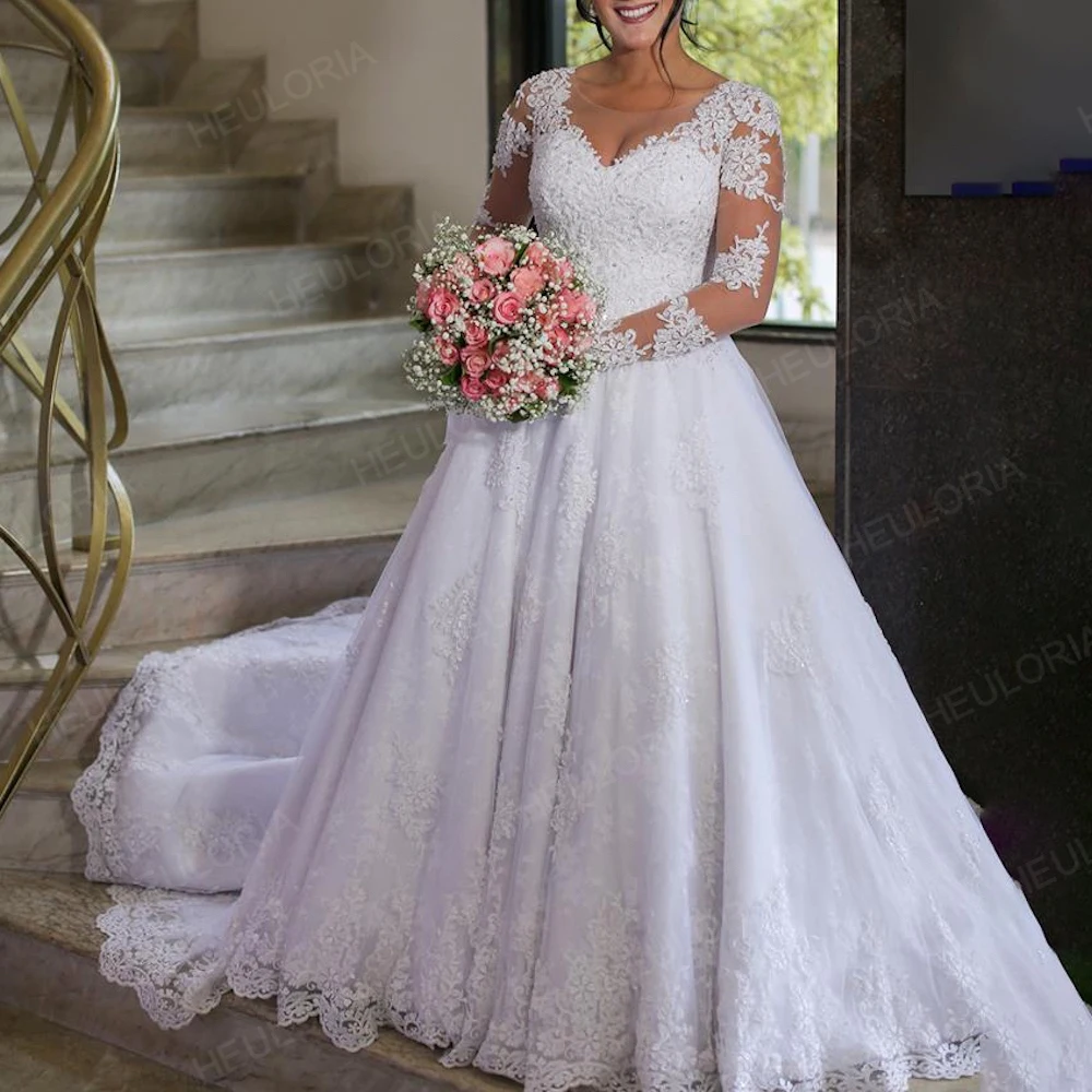 Vestido de baile de manga comprida para casamento, Applique Bridal Gown, Vestido de casamento da princesa, Plus Size