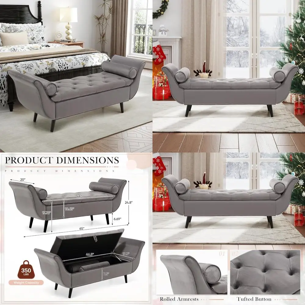 luxurious velvet tufted storage bench for king-size bed, 65