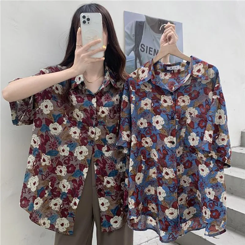 Vintage Printing Shirt Tops Summer New Short Sleeve Polo Neck Loose All-match Blouse Casual Fashion Women Clothing