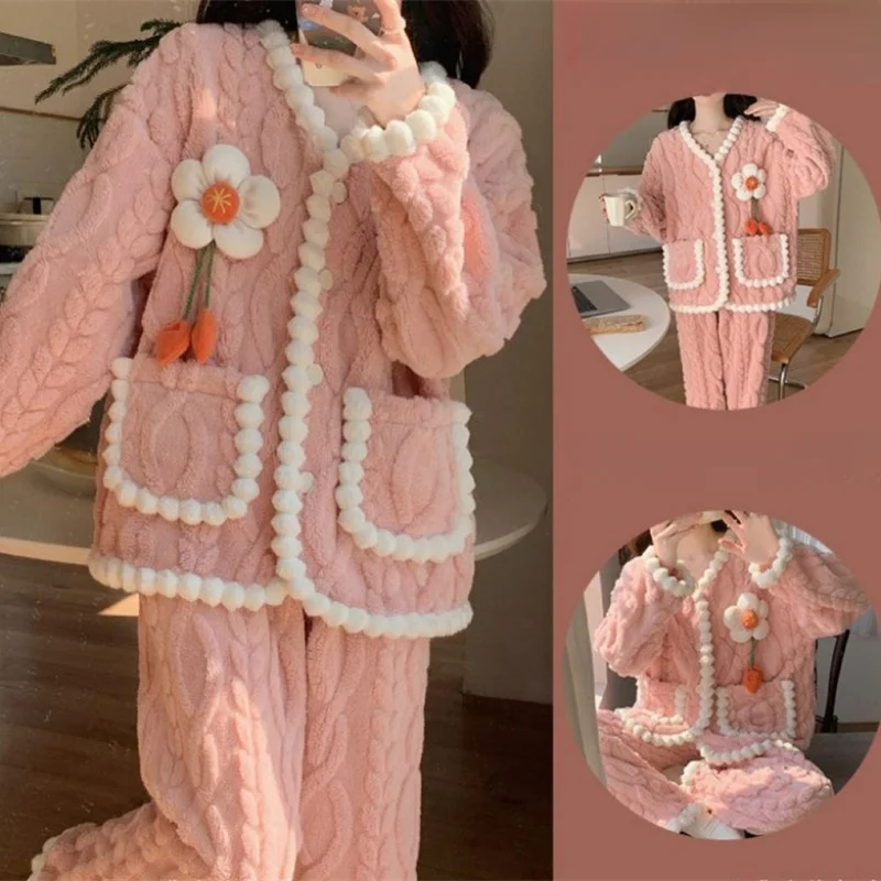 

Autumn and Winter New Winter Coral Velvet Set Pajamas Women's Thick Flannel Homewear Warm Ins Wind Can Be Worn Outside Sleepwear