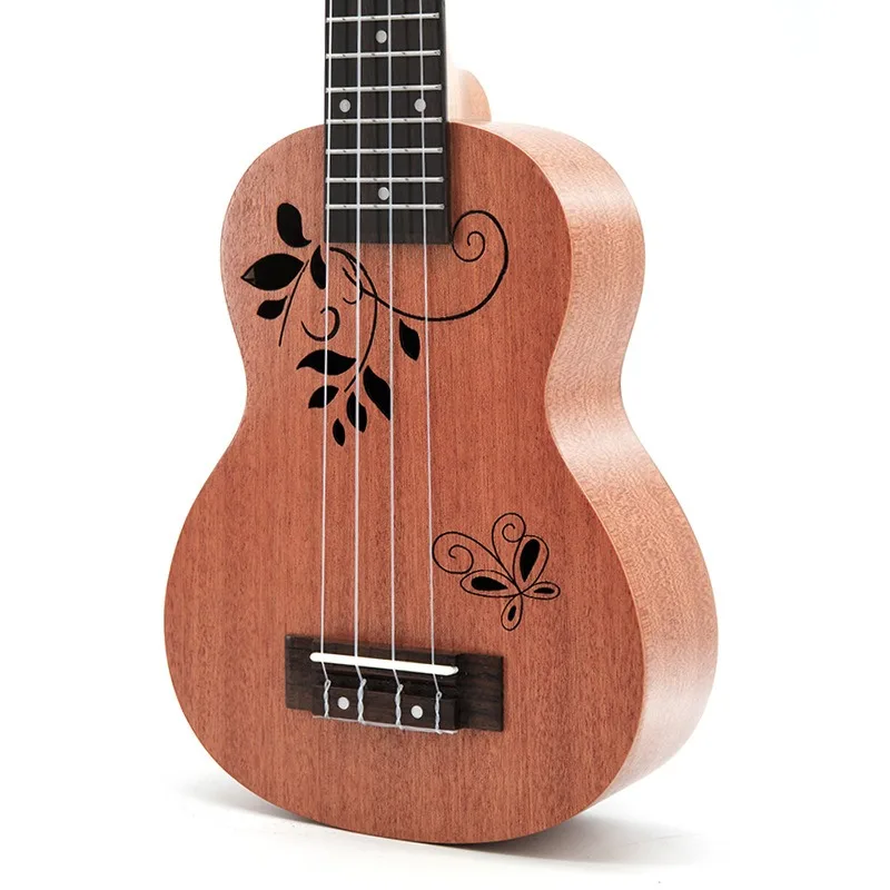 21 inch Sapele Wood Ukulele With Butterfly And Flower Pattern Hawaii Four string Small Guitar Nylon string for Beginner Kids