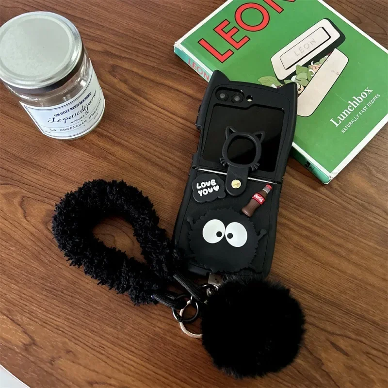 Cartoon Black Phone Case for Samsung Galaxy Z Flip 6 5 4 3 Protective Back Cover for ZFlip4 ZFlip5 ZFlip6 Case