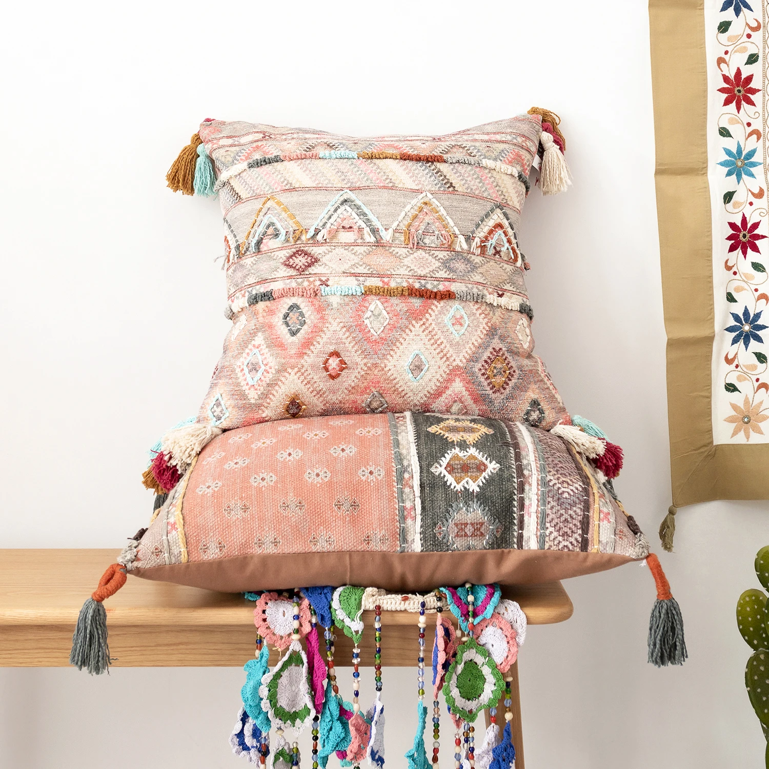 Handmade Geometric Pattern Pillow Tassel Pure Cotton Classic Modern Living Room Bedroom Sofa Cushion Square Shape Indian Origin