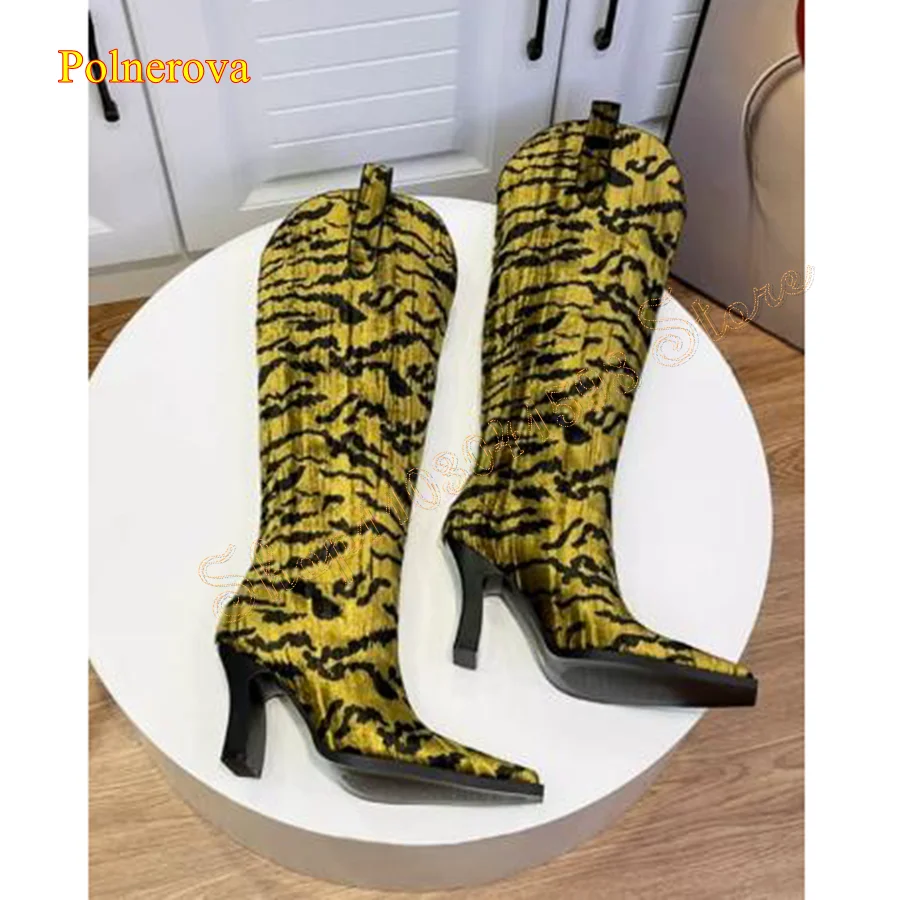 Retro Green Striped High Heel Boots,Flat Toe Thick Heel Knee High Boots Zipper Women Boots Plus Size2024 New Zapatos Para Mujere