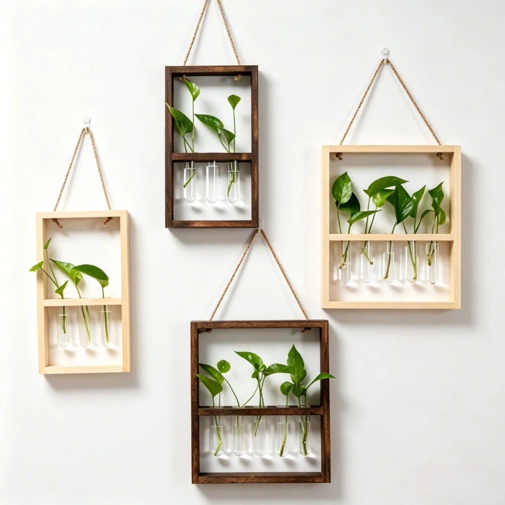 Wall Mounted Wooden Frame Glass Vase Hydroponic Test Tube Flower Plant Terrarium Propagation Home Garden Office Decoration